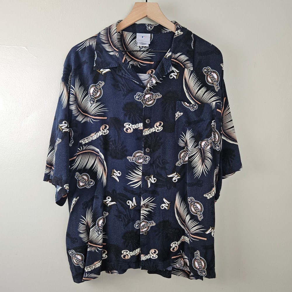 Milwaukee Brewers‎ Hawaiian Button Down Shirt Sz XL Navy Blue Short Sleeve